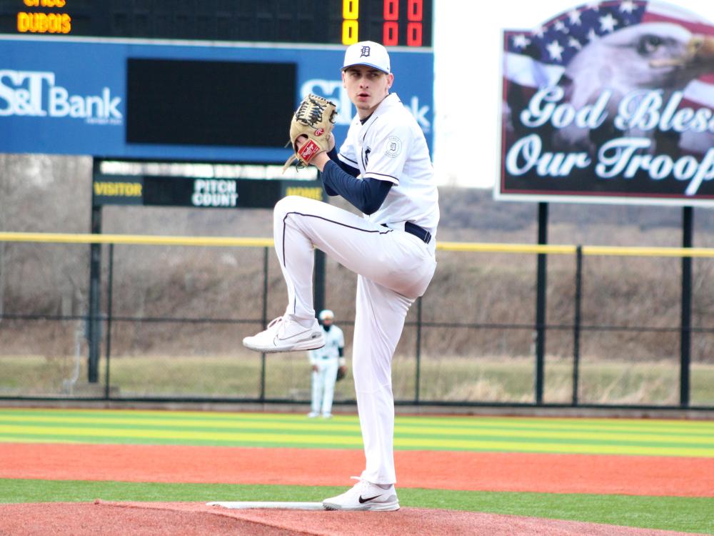 Penn State DuBois senior pitcher Taylor Boland works through his windup during a recent home game at Showers Field.