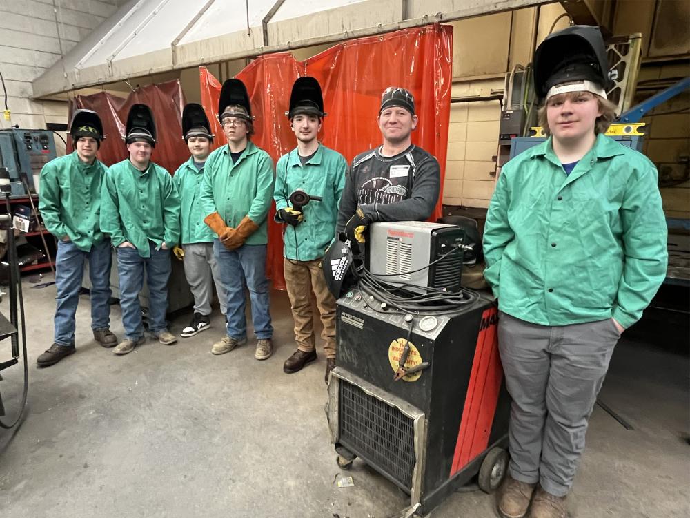 Students in the welding program at Saint Marys Area High School stand for a group photo with instructor Martin Casilio. From left to right: Sam Rettger, Jackson Carlson, Ashten Krug, Isaac Perlick, Colby Meyer, instructor Martin Casilio and William Brennan. Missing when the photo was taken were students Michael Miller and Dylan Samick.