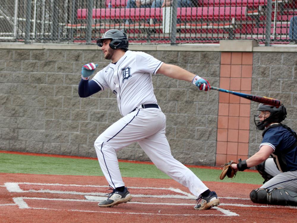 Penn State DuBois sophomore Jake Sikora follows through on his swing on a base hit during a recent home game at Showers Field.