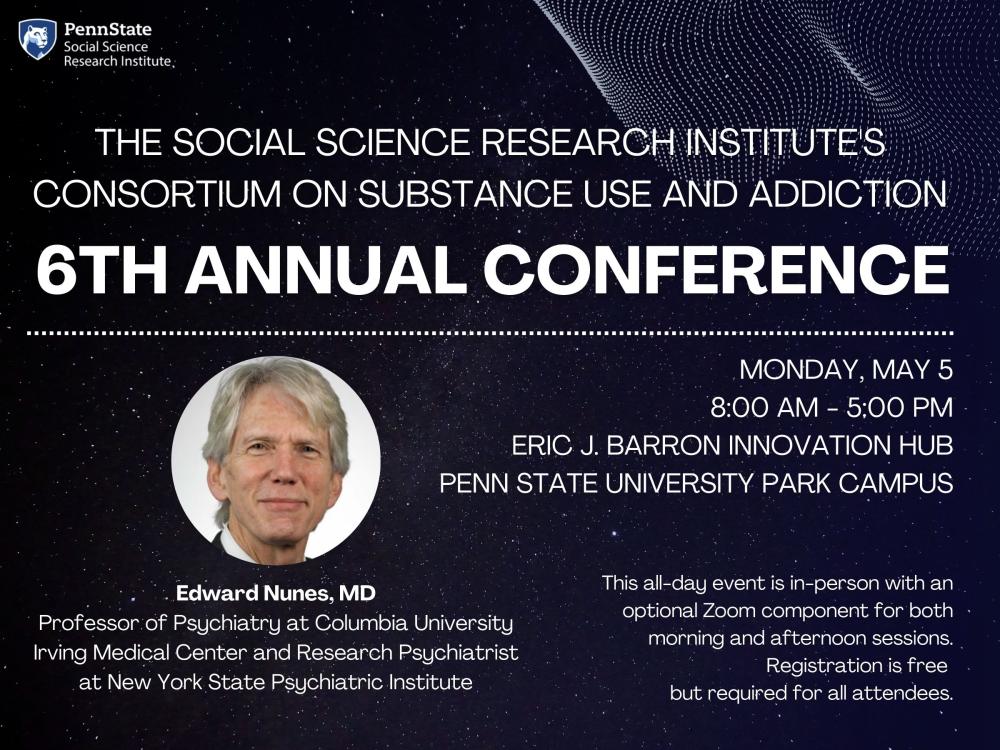 Dark blue graphic with white text that says "The Social Science Research Institute’s Consortium on Substance Use and Addiction 6th Annual Conference" with the date, time, and picture of keynote speaker.