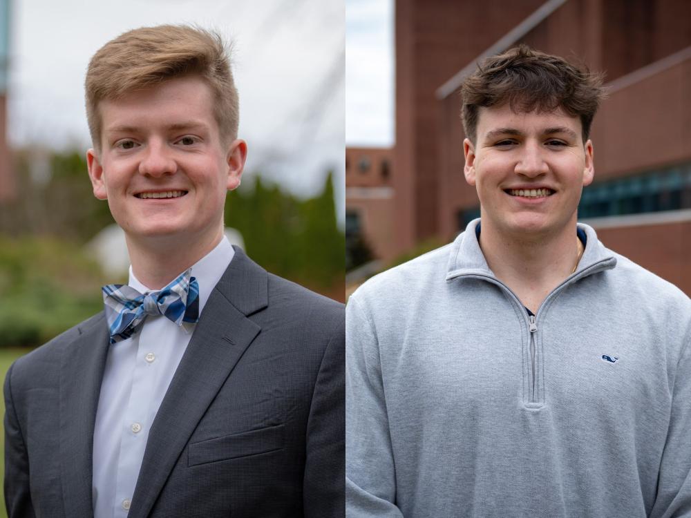 headshots of fair-haired person in suit and dark-haired person in casual attire