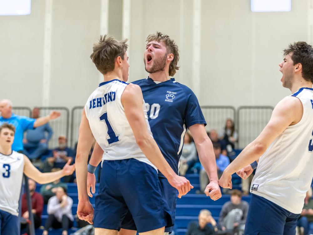 Three members of Penn State Behrend's men's volleyball team celebrate after scoring a point.