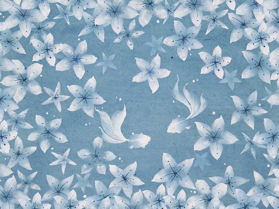 A painting of blue flowers on a blue background