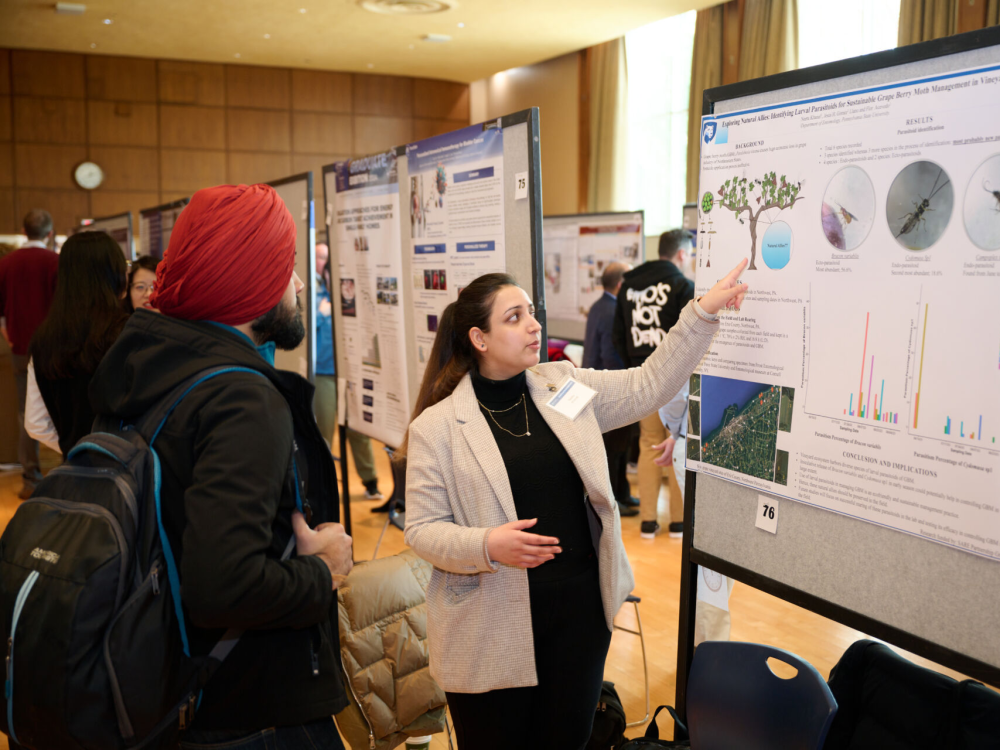 student points to research poster while discussing research with a community member