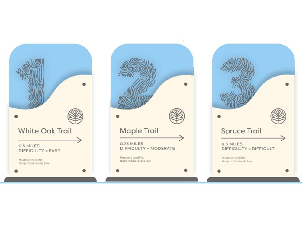 Three trail marker signs for a wooded preserve tell visitors how long and how difficult each trail is